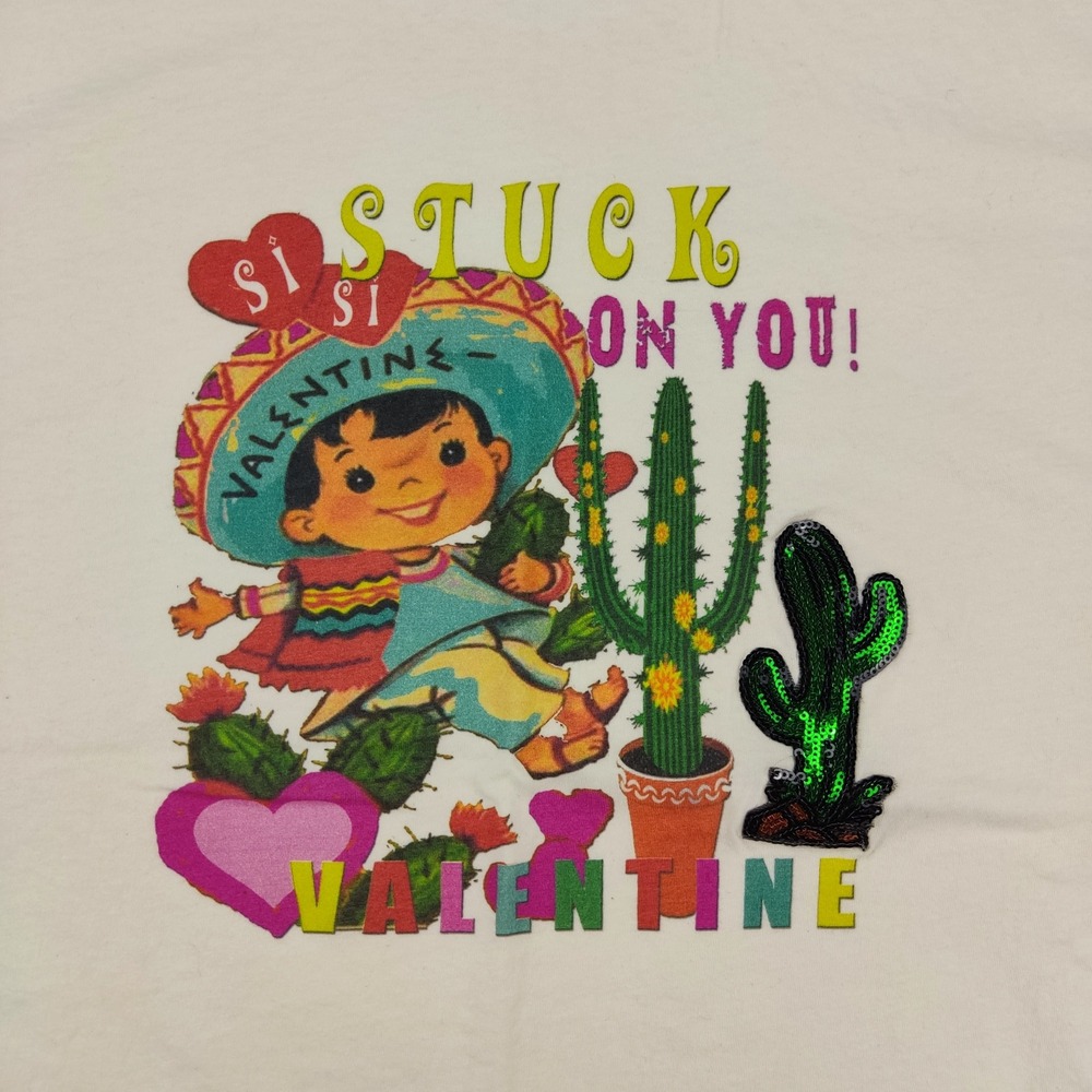 Next Level T-Shirt Mens XL Cream Stuck On You Valentine Retro Sequin Cactus Tee - Picture 3 of 6
